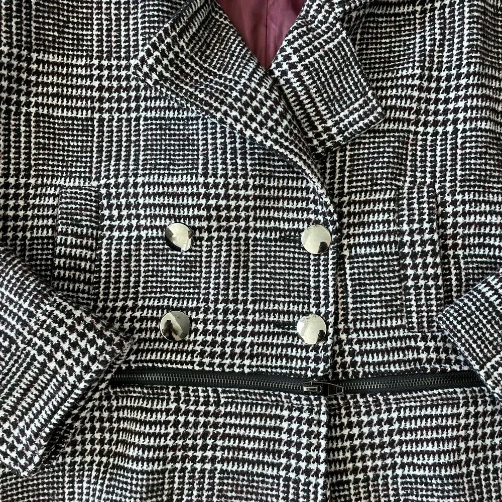Maroon Black White Womens Wool Jacket Coat Plaid Houndstooth Double-Breasted M